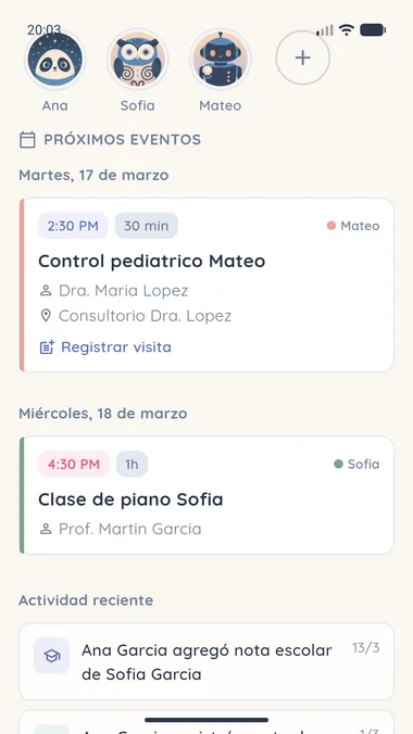 Agenda de Kinali con los próximos turnos de la familia y la actividad reciente