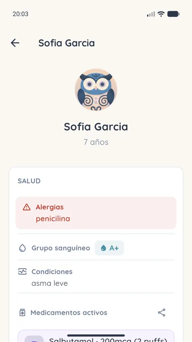 Perfil de salud en Kinali, con alergias, grupo sanguíneo y medicación activa