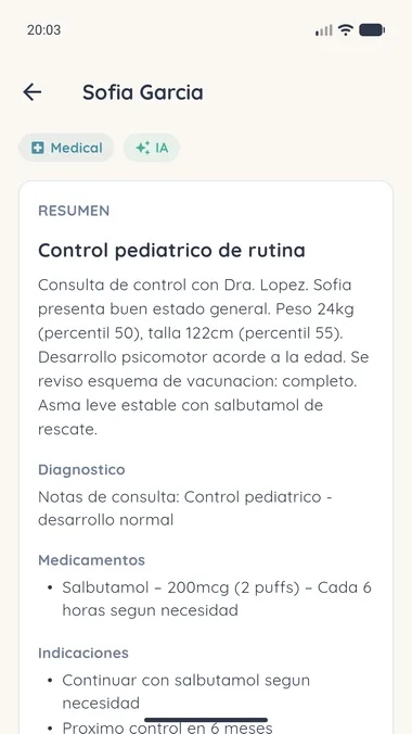 Resumen que Kinali generó de una consulta pediátrica, con diagnóstico, medicación e indicaciones